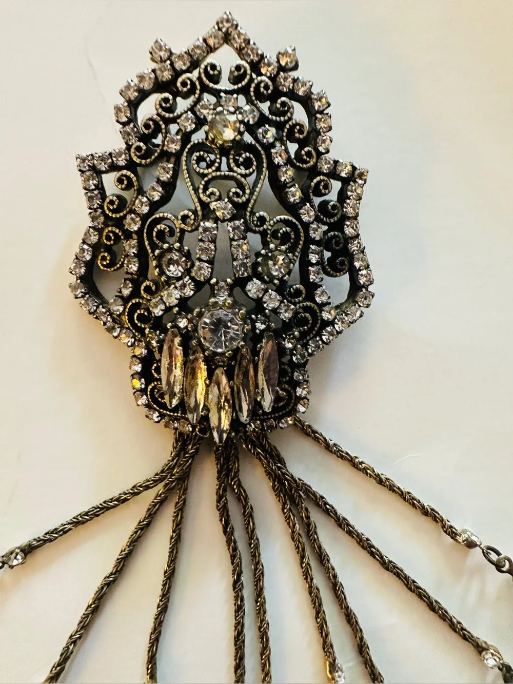 Banana Republic Broach Pin Vintage Dark Metal Filigree Chain Marquee Rhinestones